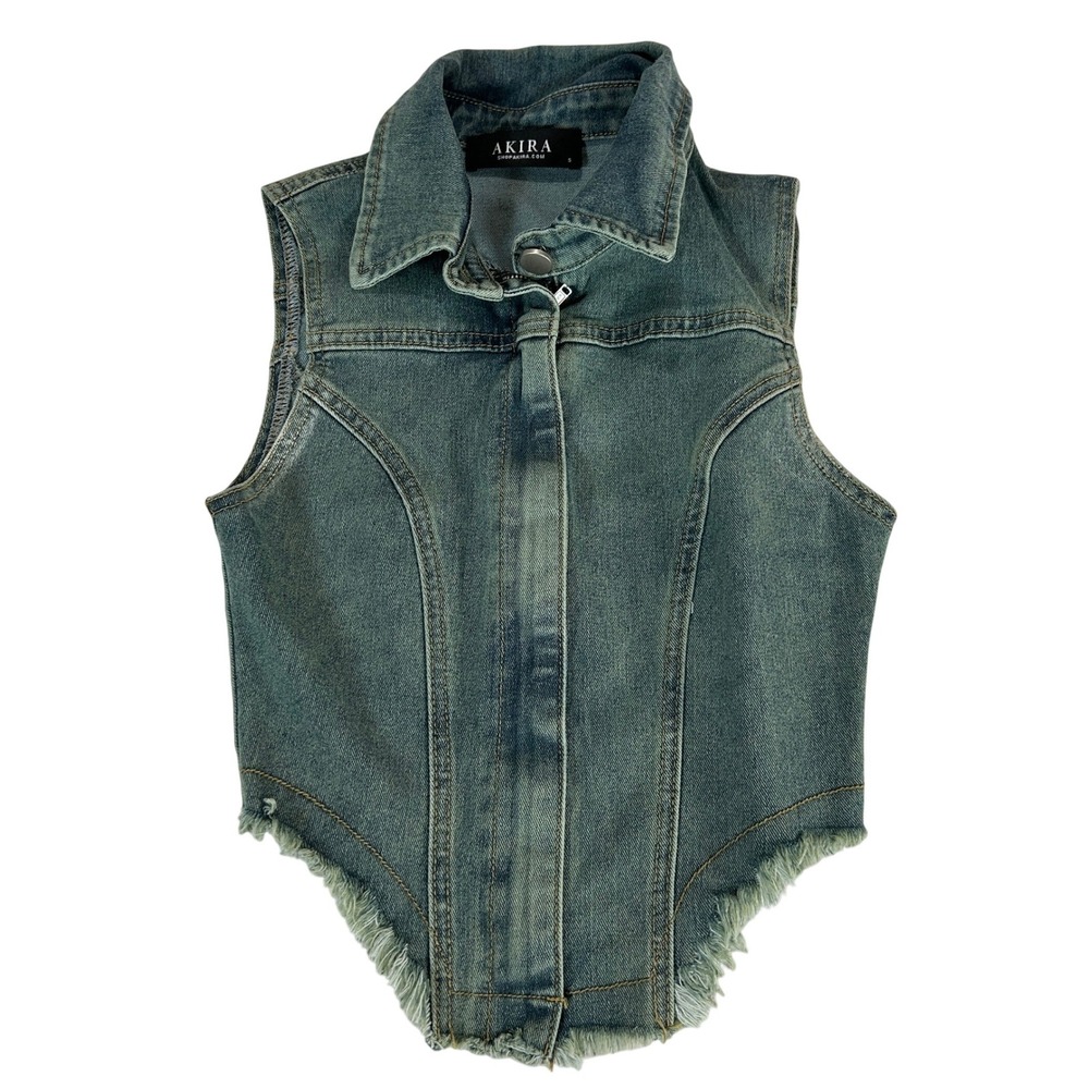 Akira‎ Womens Blue Denim Zip Front Cropped Vest Raw Frayed Hem S 23JYWL12040-T